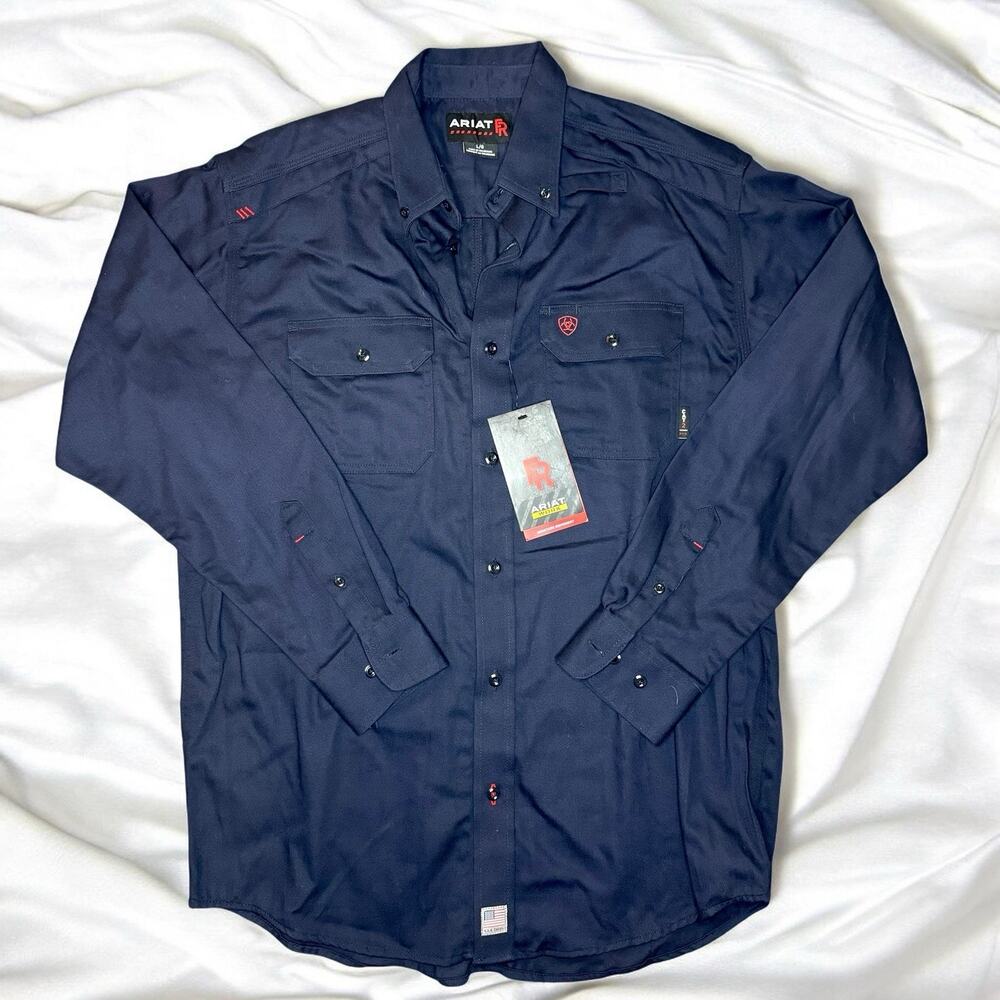 Ariat FR Shirt Mens Large Navy Blue Solid Vent Work Long Sleeve CAT2 10019062